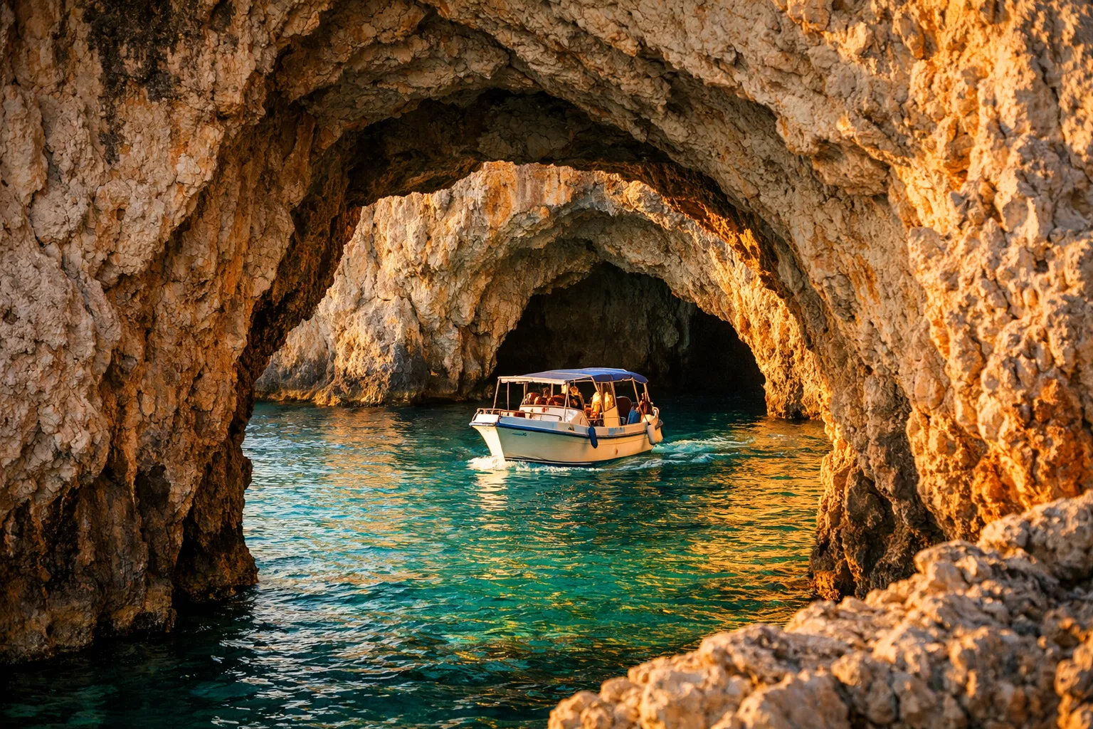 A boat with passengers enters a rocky sea cave with turquoise water in Zakynthos, Greece.