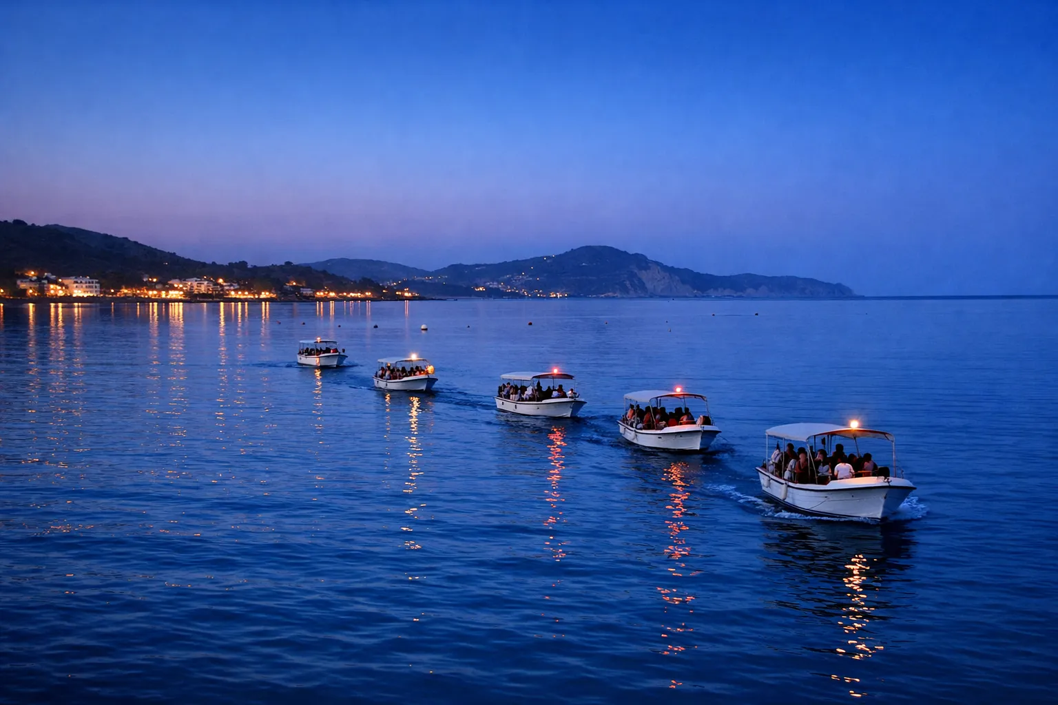 Tour boats with passengers move across calm evening waters near the Zakynthos coastline.