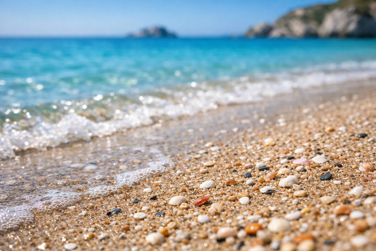 Colorful pebbles and shells on a sandy beach with turquoise water and distant rocky cliffs.