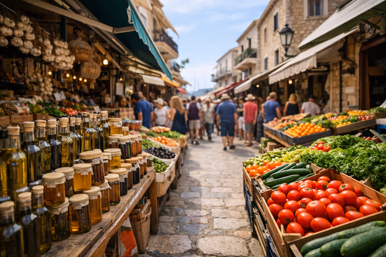 A busy outdoor market in a Mediterranean village with fresh produce and bottled goods lining the stone street.