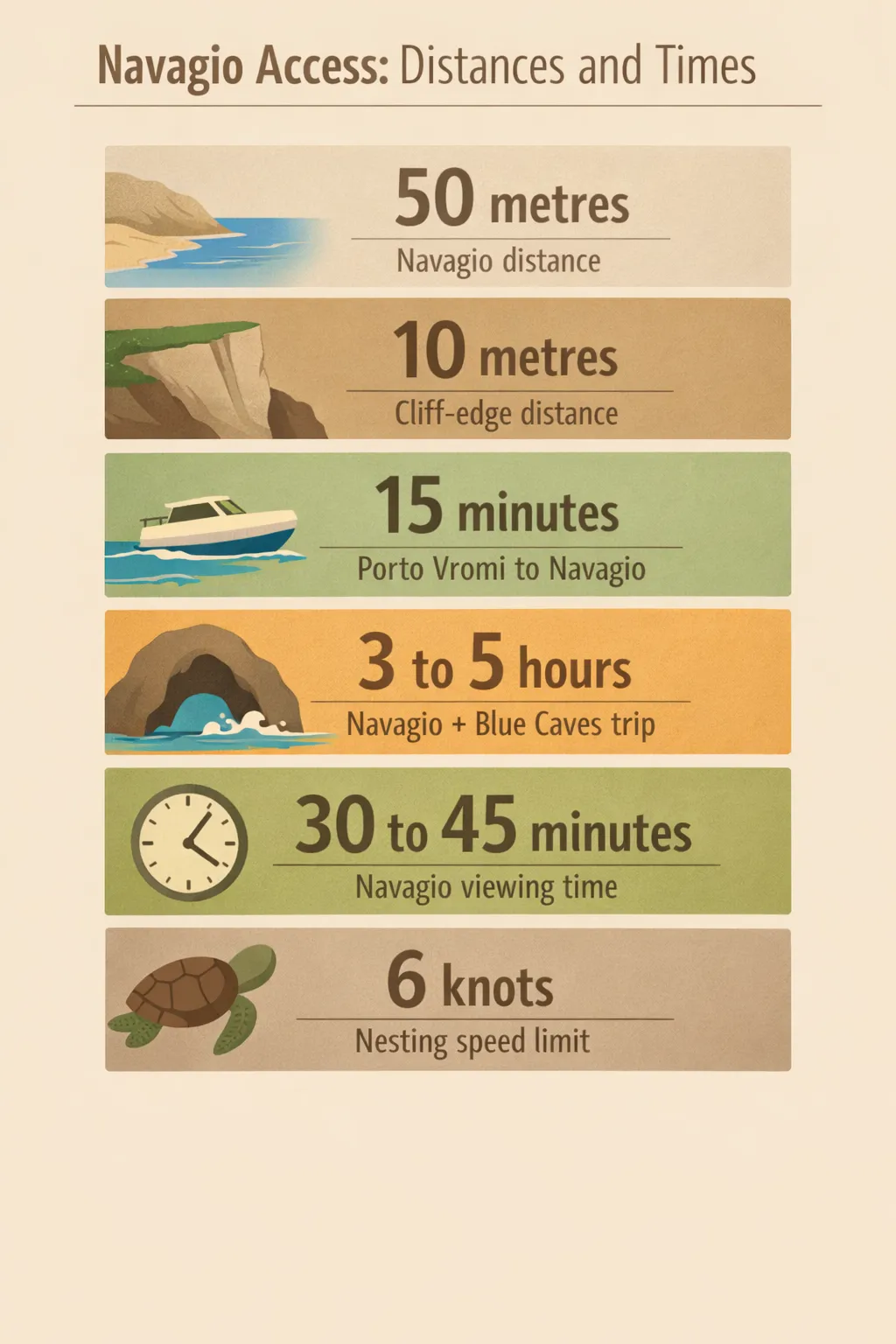 Navagio distance 50 metres, cliff-edge 10 metres, 15 minutes Porto Vromi, 3 to 5 hours trip, 30 to 45 minutes viewing, 6-knot nesting limit.