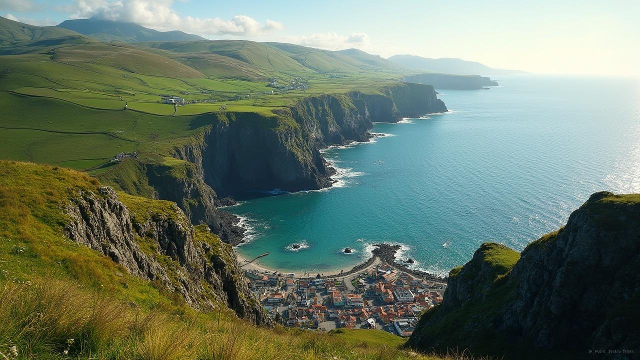 Scenic view of a coastal town nestled among green hills and dramatic cliffs