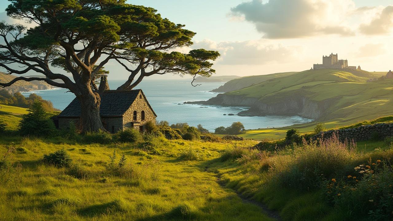 Picturesque stone cottage surrounded by lush meadows and rugged cliffs overlooking the ocean
