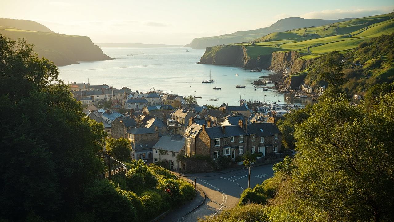 Picturesque coastal town with colorful buildings and boats in harbor