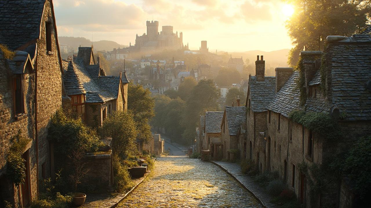 Picturesque medieval town with stone buildings and a castle in the distance at sunset.