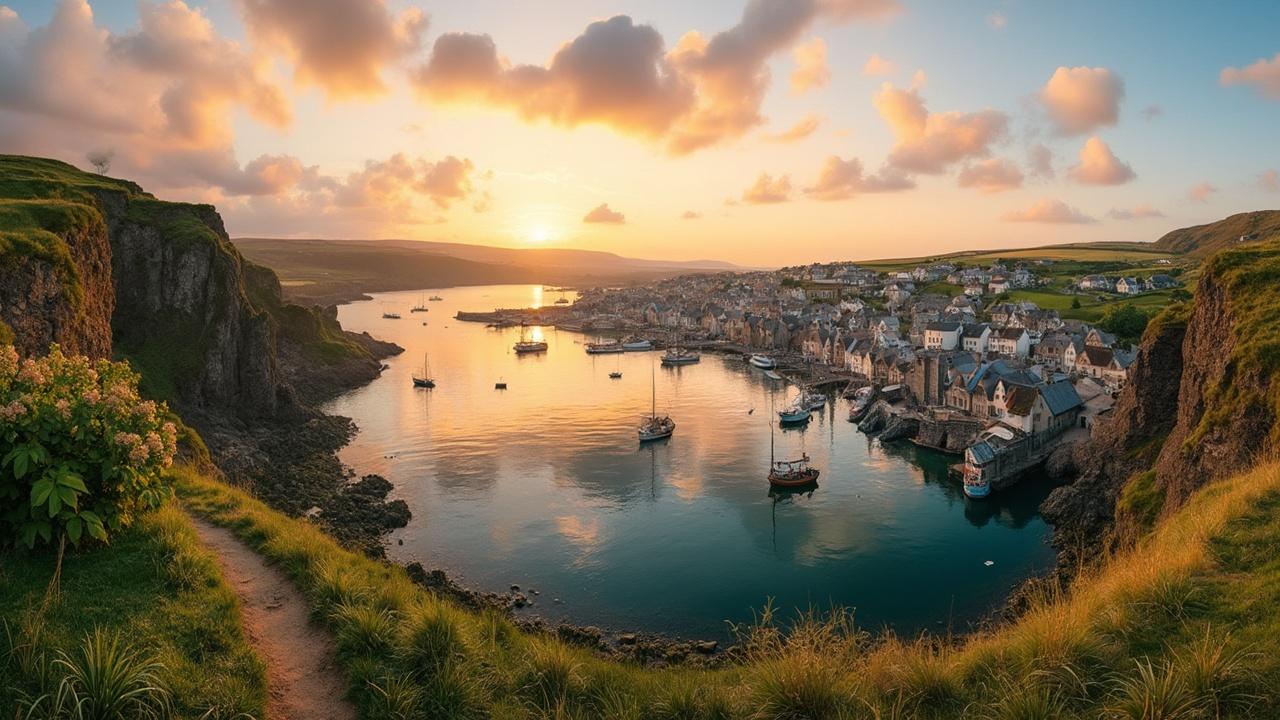 Picturesque seaside town at golden hour with boats, cliffs, and colorful clouds