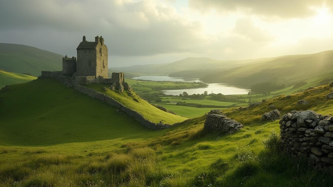 Majestic stone castle on a hill overlooking a lush green valley and lake