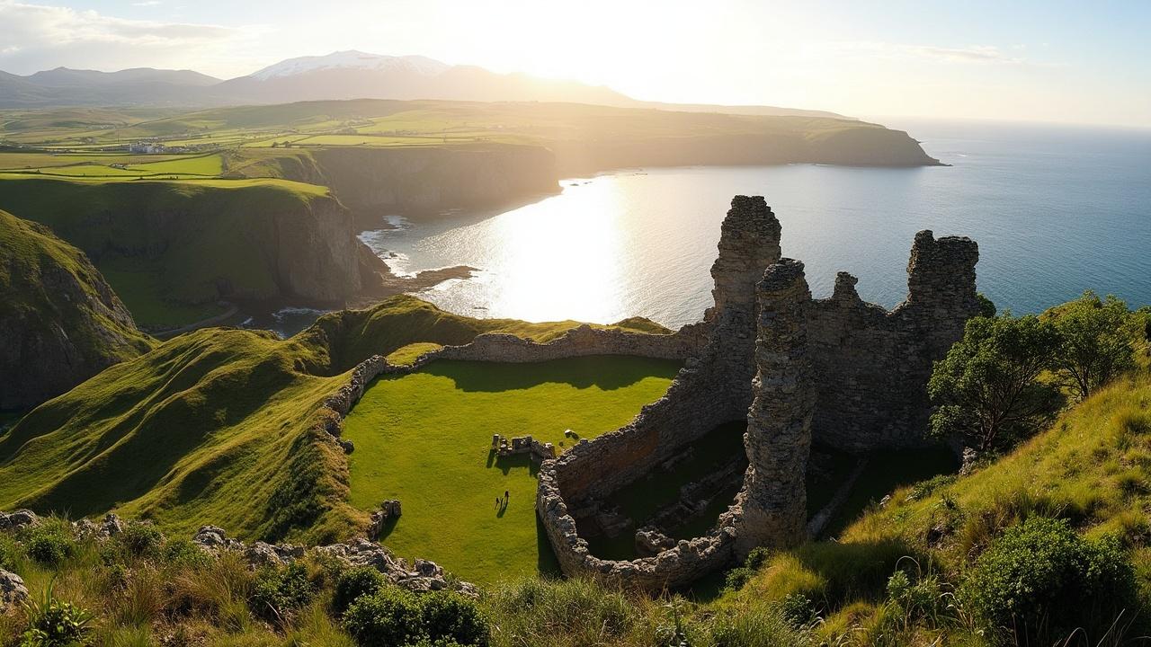 Stunning sunset over coastal ruins with towering rock formations
