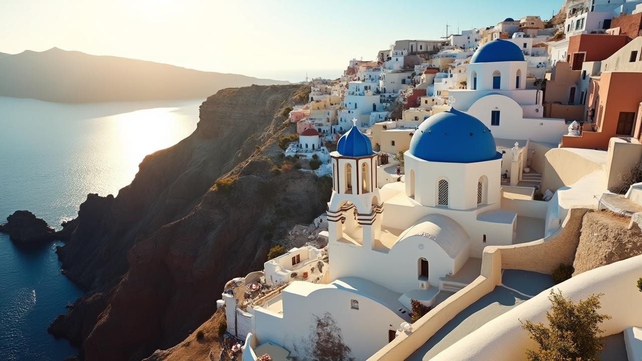 Scenic view of a traditional white-washed town with blue domed churches on a cliffside in Santorini, Greece.
