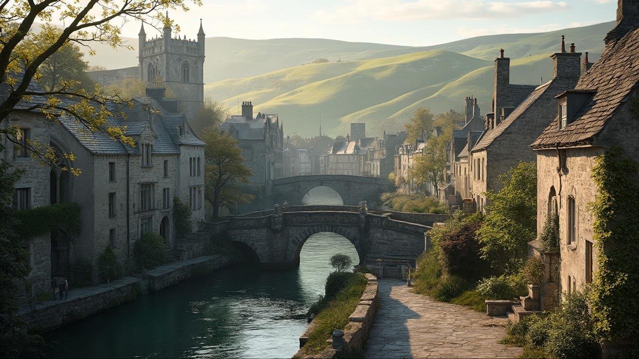 A beautiful historic town with stone bridges, canals, and medieval architecture