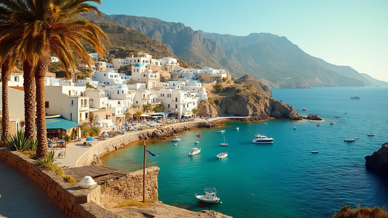 Scenic view of a picturesque Mediterranean seaside village with white buildings and blue water