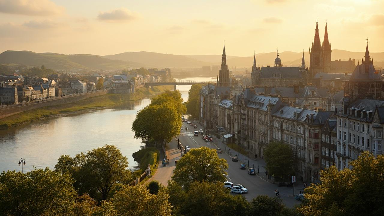 Stunning cityscape with historic buildings, river, and mountains in the background
