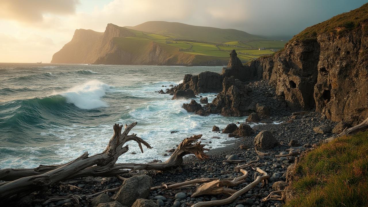 Dramatic rocky coastline with crashing waves and mountainous landscape