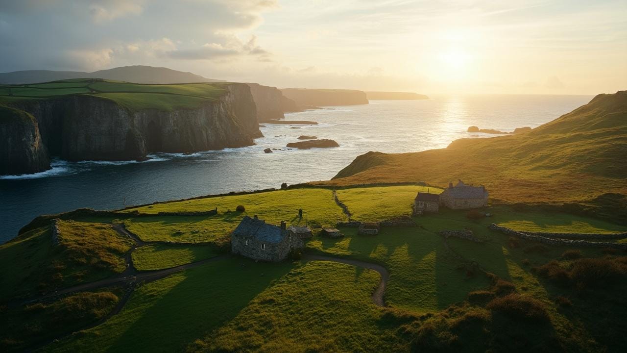 Stunning view of green rolling hills, cliffs, and a golden sunset over the ocean