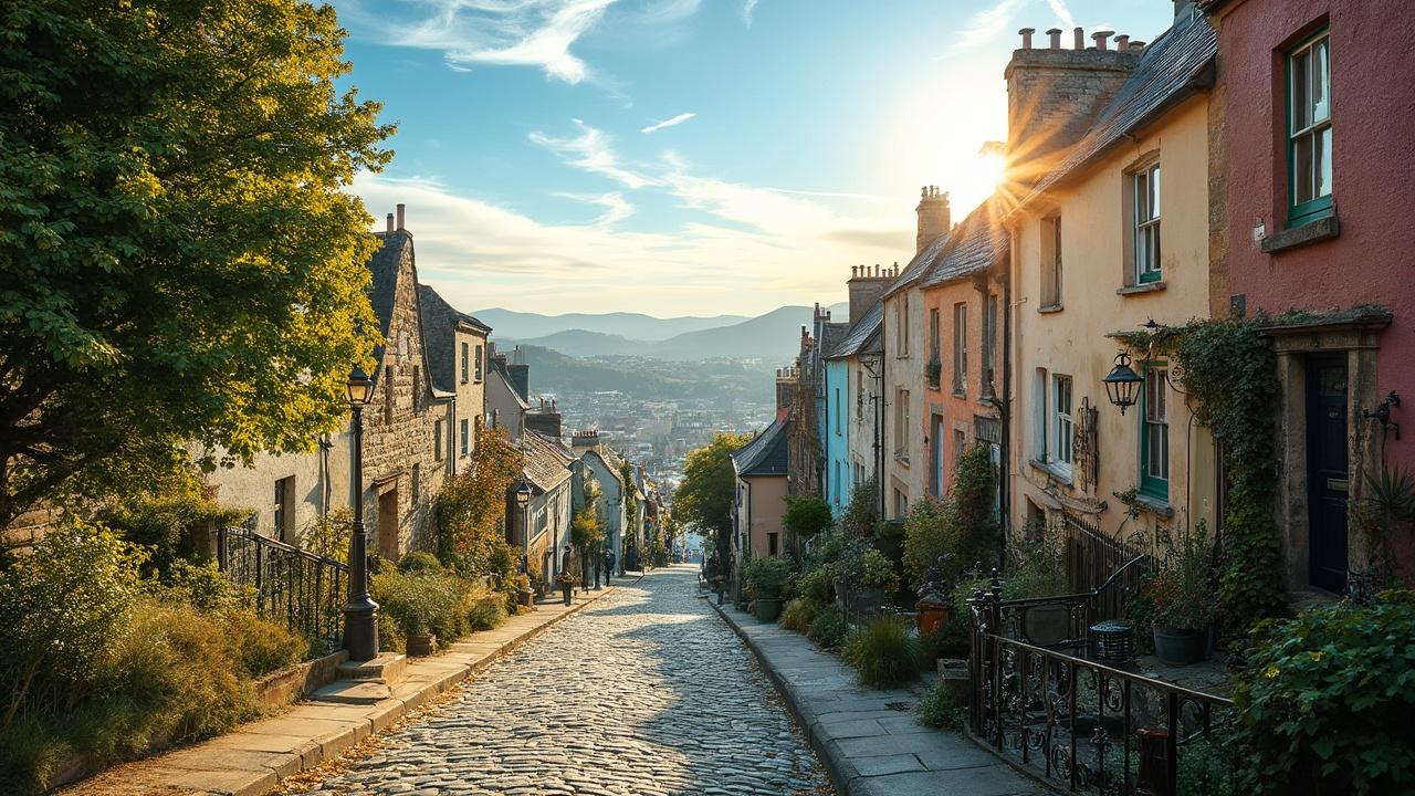 Picturesque old town street during autumn, with colorful buildings and mountain view