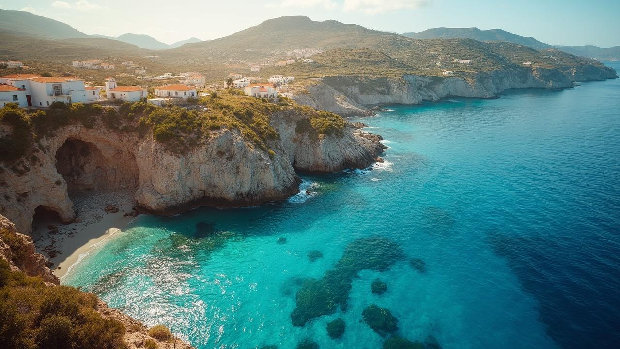 Aerial view of a picturesque Mediterranean coastal town nestled among mountains.