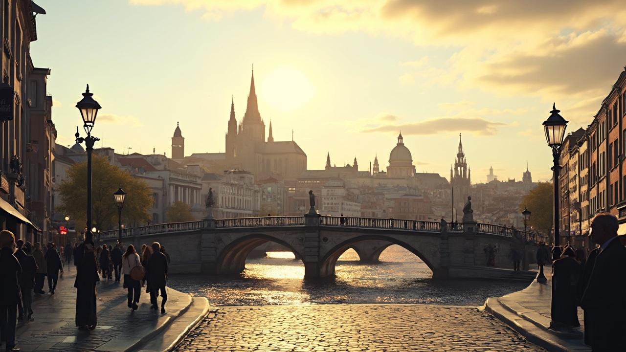 Picturesque view of a city skyline at sunset, with a bridge and people walking along the riverfront.