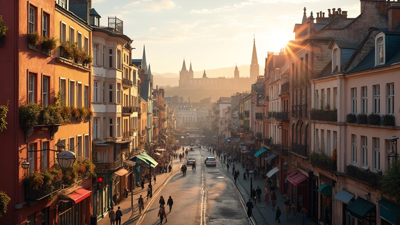 Colorful historic buildings, cobbled streets, and people walking in a picturesque European city at golden hour.